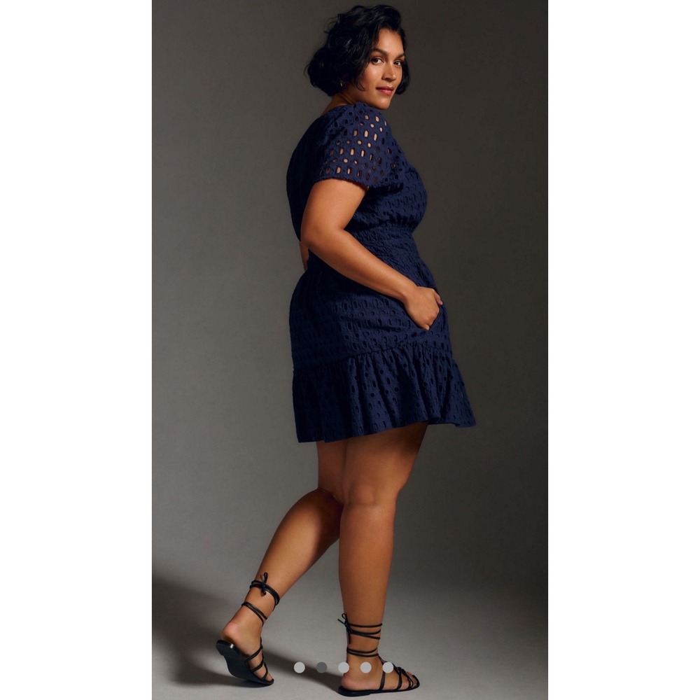 Anthropologie Somerset Eyelet Mini Dress Navy Blue Smocked - Picture 2 of 3
